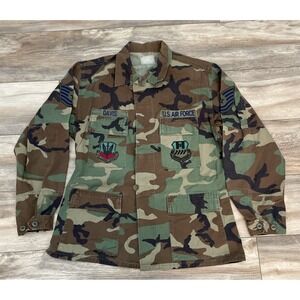 Vintage US Air Force Woodland Camo BDU Jacket Military Patches Mens Regular